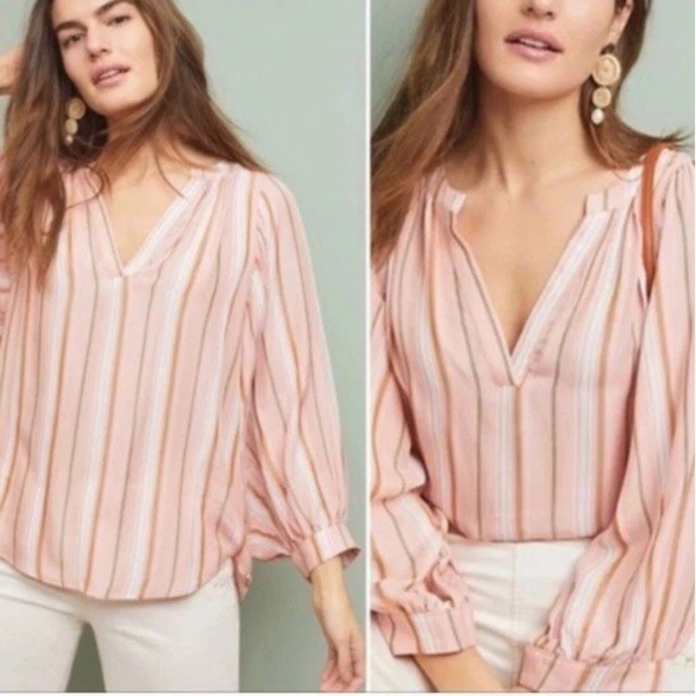 Anthropologie Maeve Byron Striped Ballon Sleeve Pullover Blouse Sz M Loose Fit
